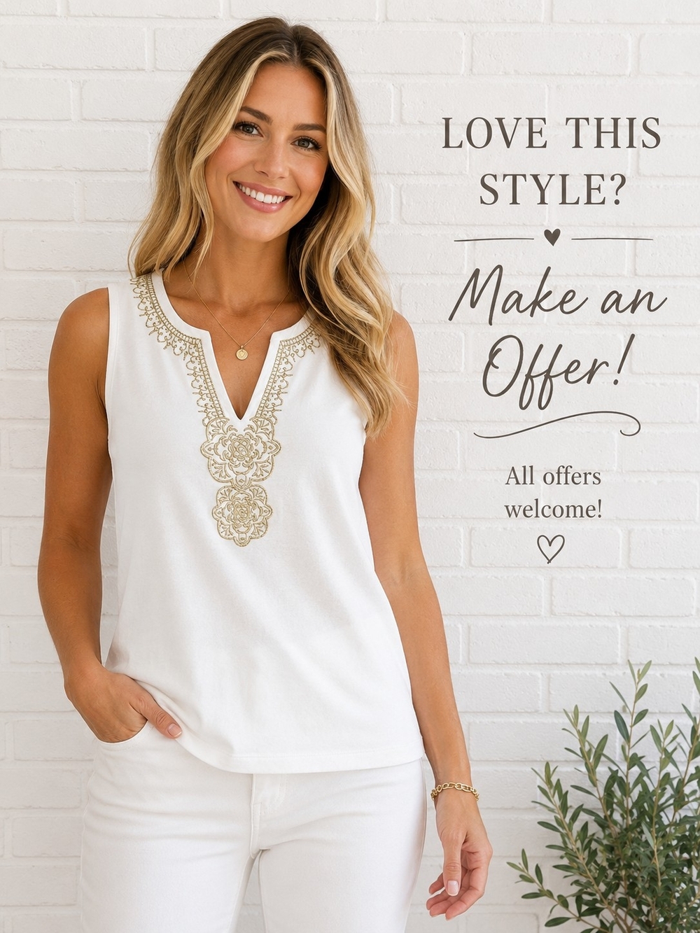 Crown & Ivy Petite White Gold Embroidered Sleeveless Tunic Tank Top PM
